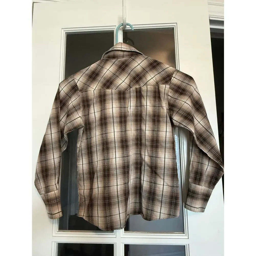 ELY Cattleman Kids Western Pearl Snap Plaid Shirt Brown Long Sleeve Small